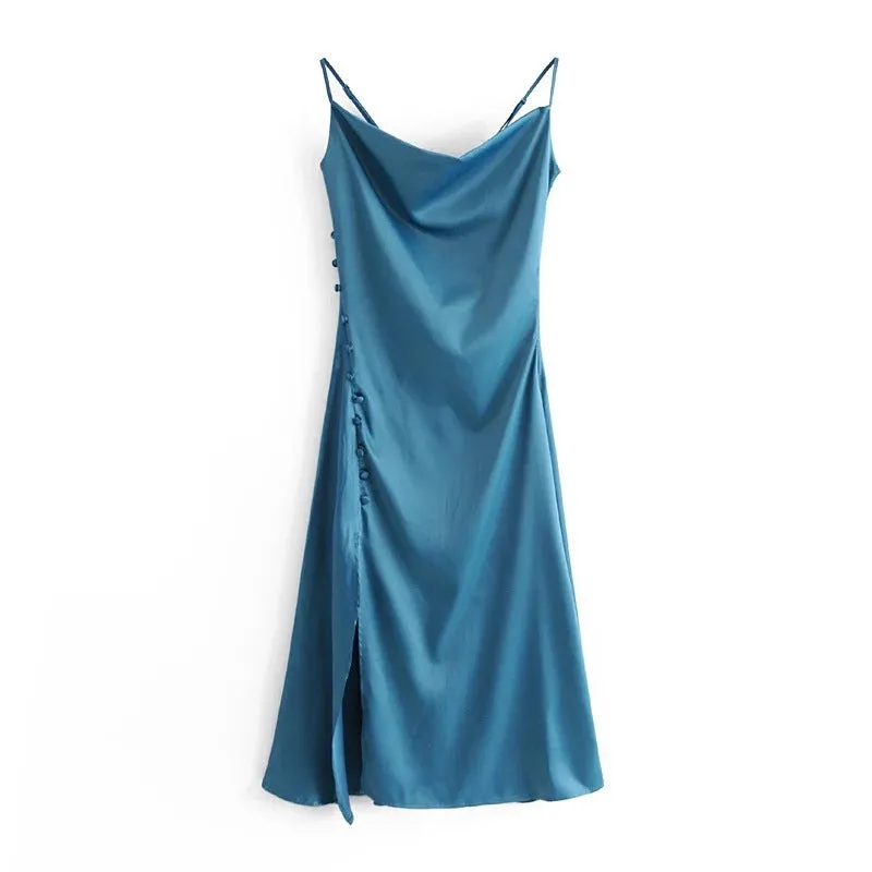 Sling Backless Silk Satin Slit Leg Midi Dresses