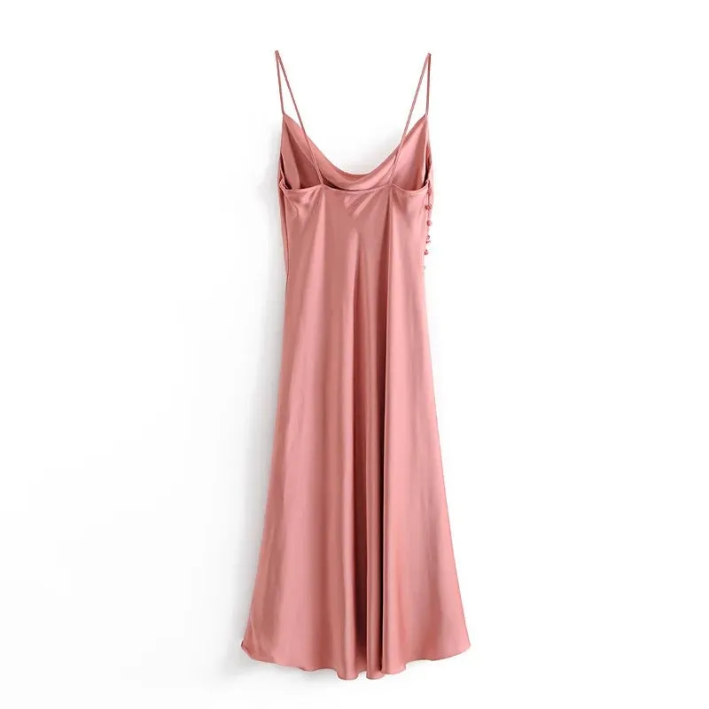 Sling Backless Silk Satin Slit Leg Midi Dresses