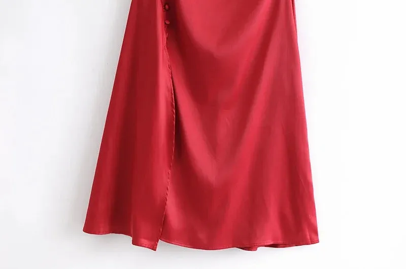 Sling Backless Silk Satin Slit Leg Midi Dresses