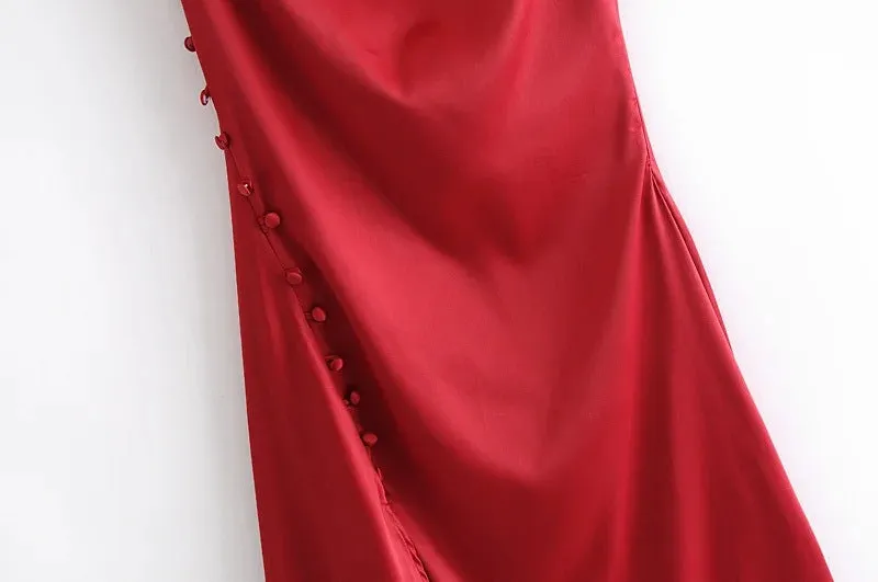 Sling Backless Silk Satin Slit Leg Midi Dresses