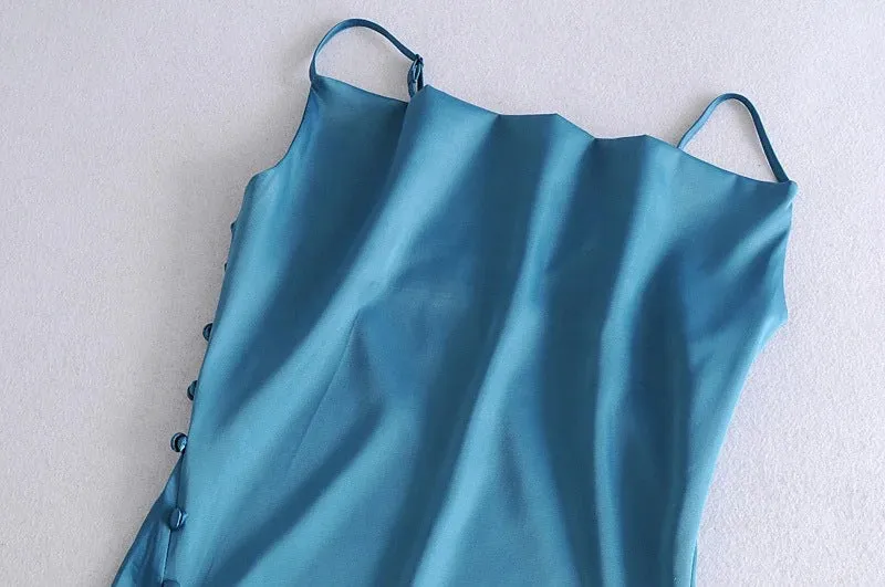 Sling Backless Silk Satin Slit Leg Midi Dresses