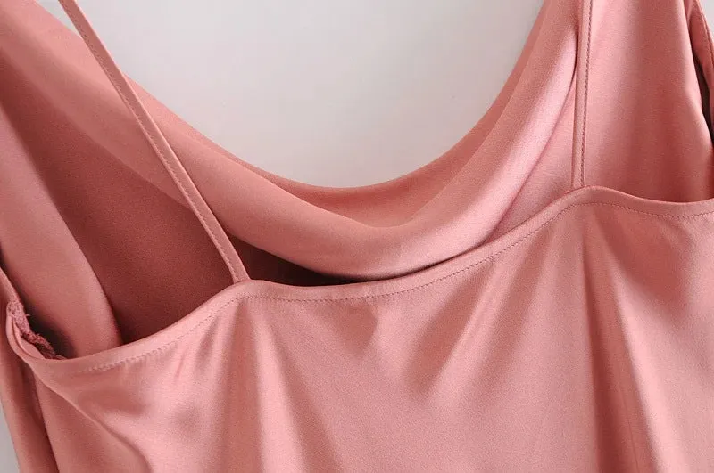 Sling Backless Silk Satin Slit Leg Midi Dresses