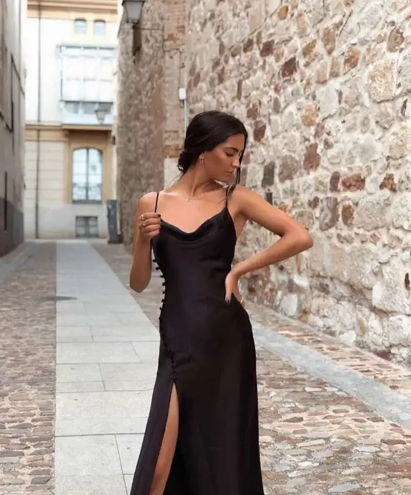 Sling Backless Silk Satin Slit Leg Midi Dresses