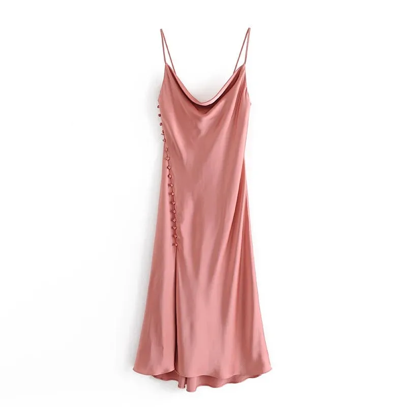 Sling Backless Silk Satin Slit Leg Midi Dresses