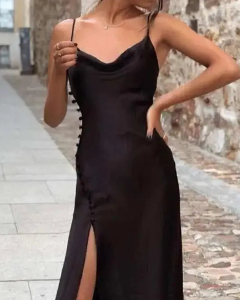 Sling Backless Silk Satin Slit Leg Midi Dresses
