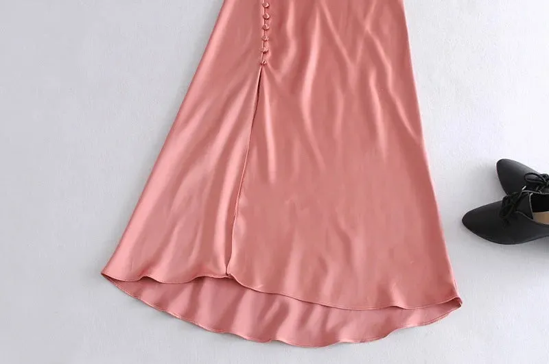 Sling Backless Silk Satin Slit Leg Midi Dresses