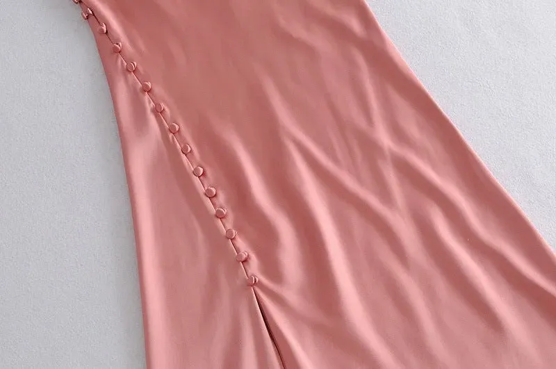 Sling Backless Silk Satin Slit Leg Midi Dresses