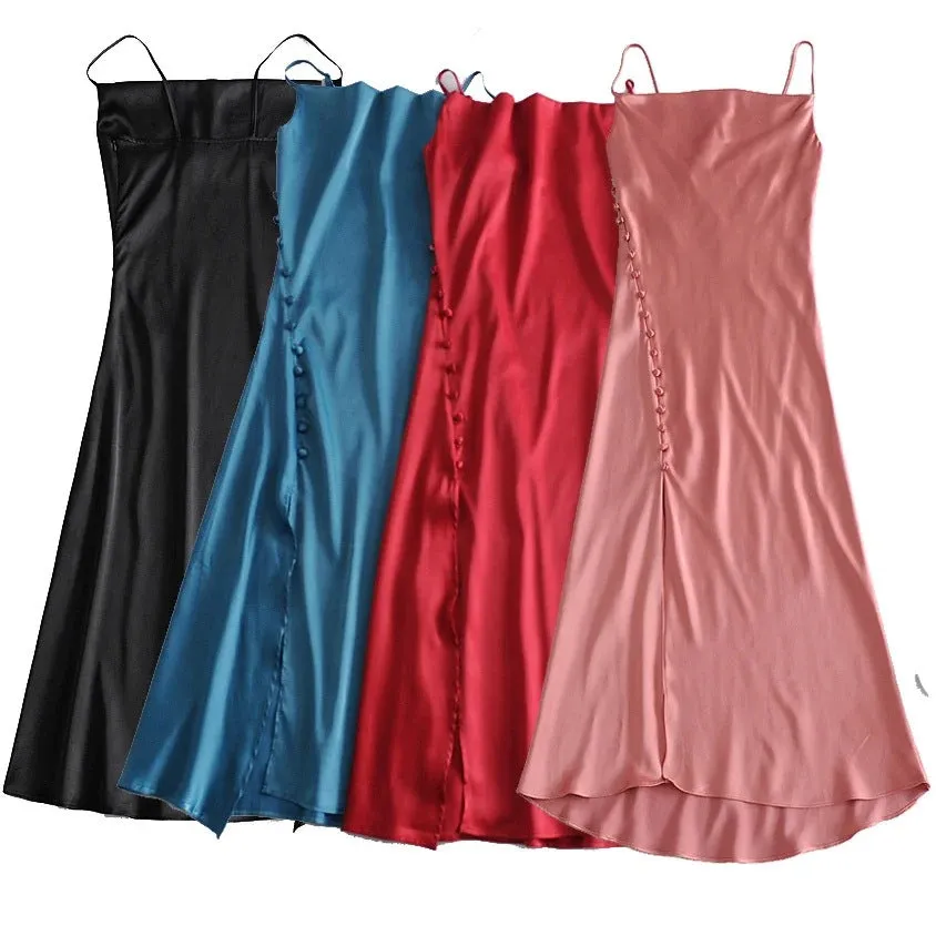 Sling Backless Silk Satin Slit Leg Midi Dresses