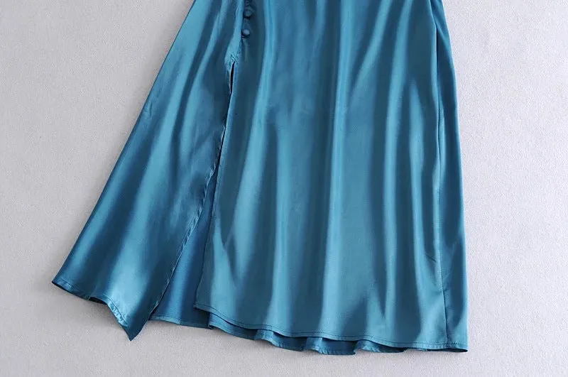 Sling Backless Silk Satin Slit Leg Midi Dresses