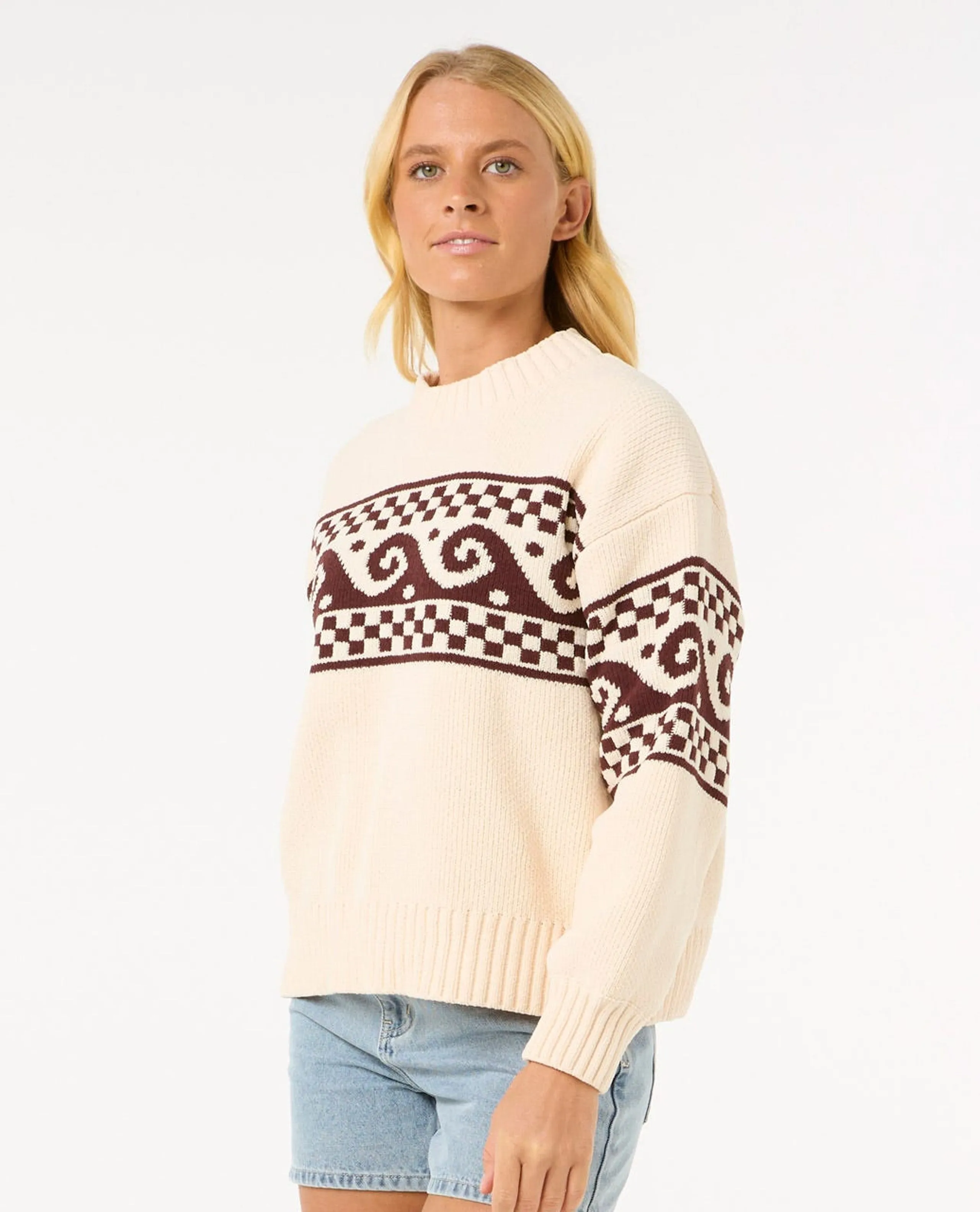 Soleil Knit Crew - Brown/Off White