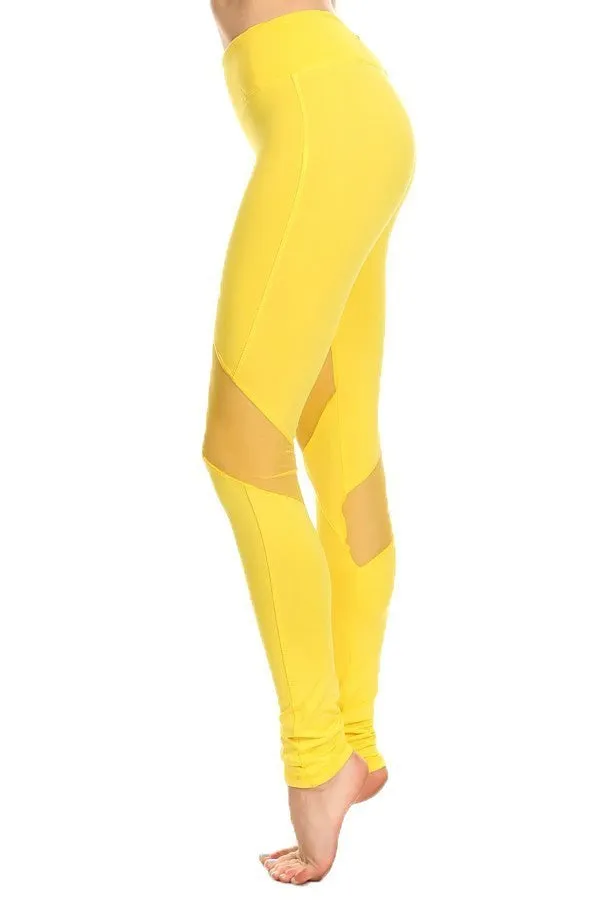 Solid Knit Back Cutouts Mesh Panel Leggings