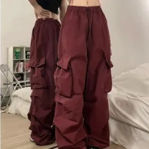 Solid Maroon Parachute Cargo Pants