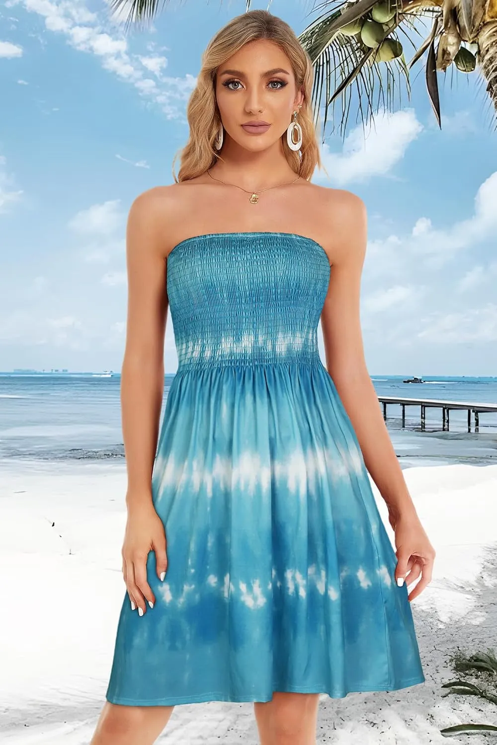 Summer Dress for Women Beach Boho Strapless Cover Ups off Shoulder Floral Sundresses