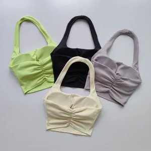 Summer New Sexy Hanging Neck Sports Bra with Chest Pads, Beautiful Back Design, Women's Light Luxury Fashion, Unique Pleated Style