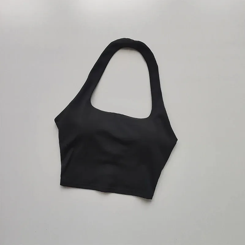 Summer New Sexy Hanging Neck Sports Bra with Chest Pads, Beautiful Back Design, Women's Light Luxury Fashion, Unique Pleated Style