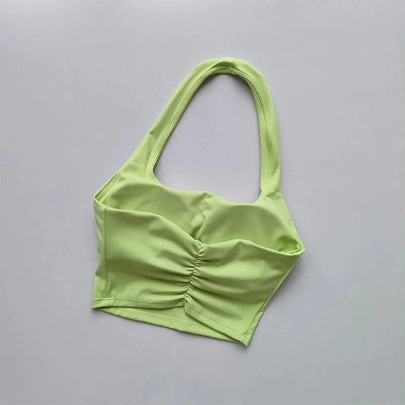 Summer New Sexy Hanging Neck Sports Bra with Chest Pads, Beautiful Back Design, Women's Light Luxury Fashion, Unique Pleated Style