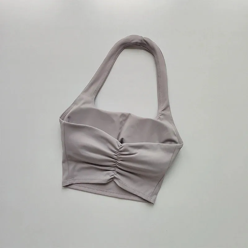 Summer New Sexy Hanging Neck Sports Bra with Chest Pads, Beautiful Back Design, Women's Light Luxury Fashion, Unique Pleated Style