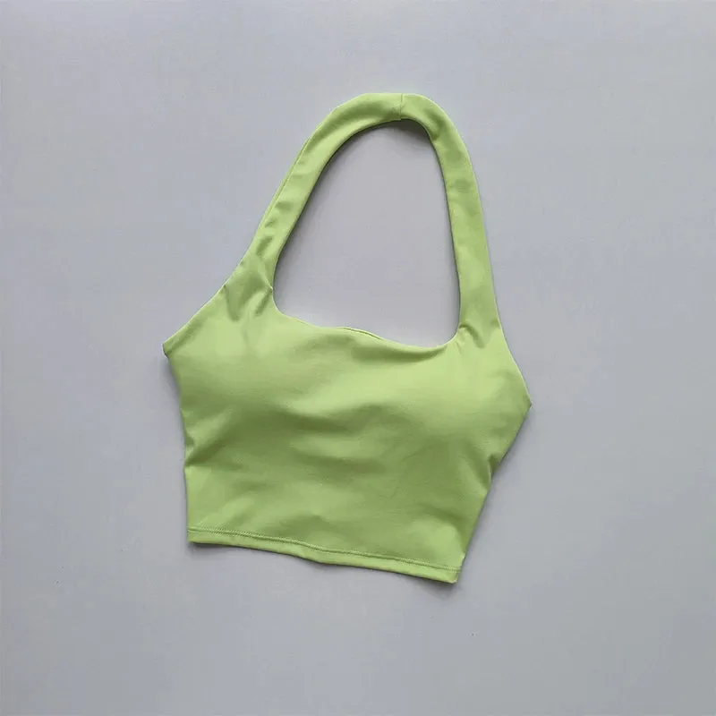 Summer New Sexy Hanging Neck Sports Bra with Chest Pads, Beautiful Back Design, Women's Light Luxury Fashion, Unique Pleated Style