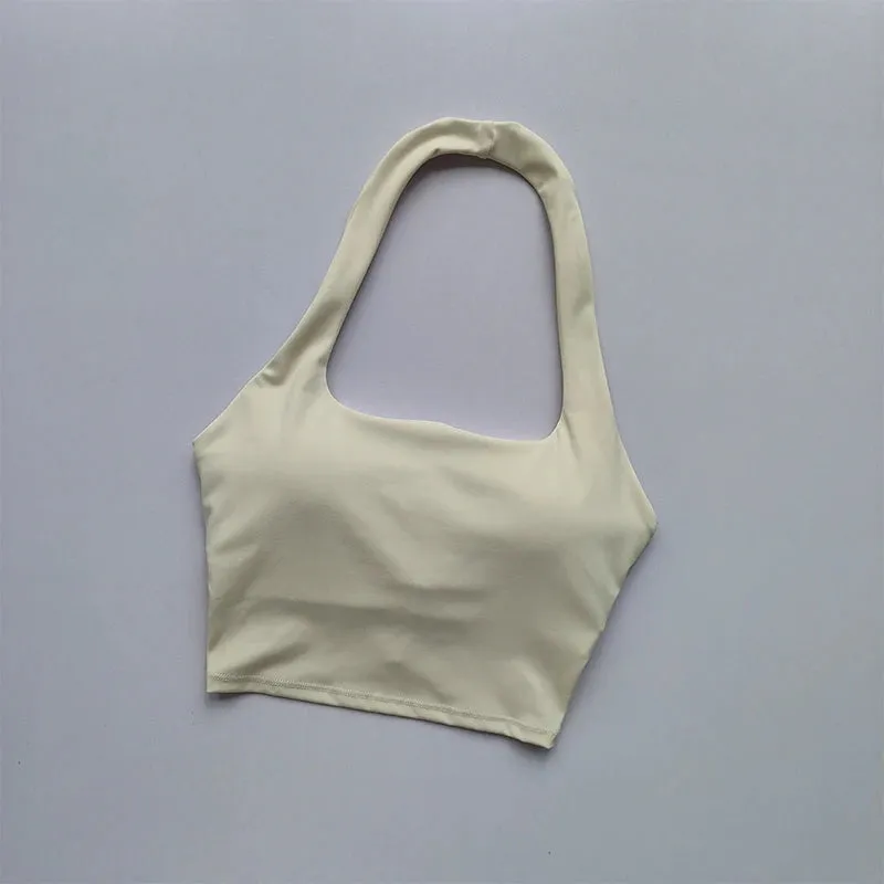 Summer New Sexy Hanging Neck Sports Bra with Chest Pads, Beautiful Back Design, Women's Light Luxury Fashion, Unique Pleated Style