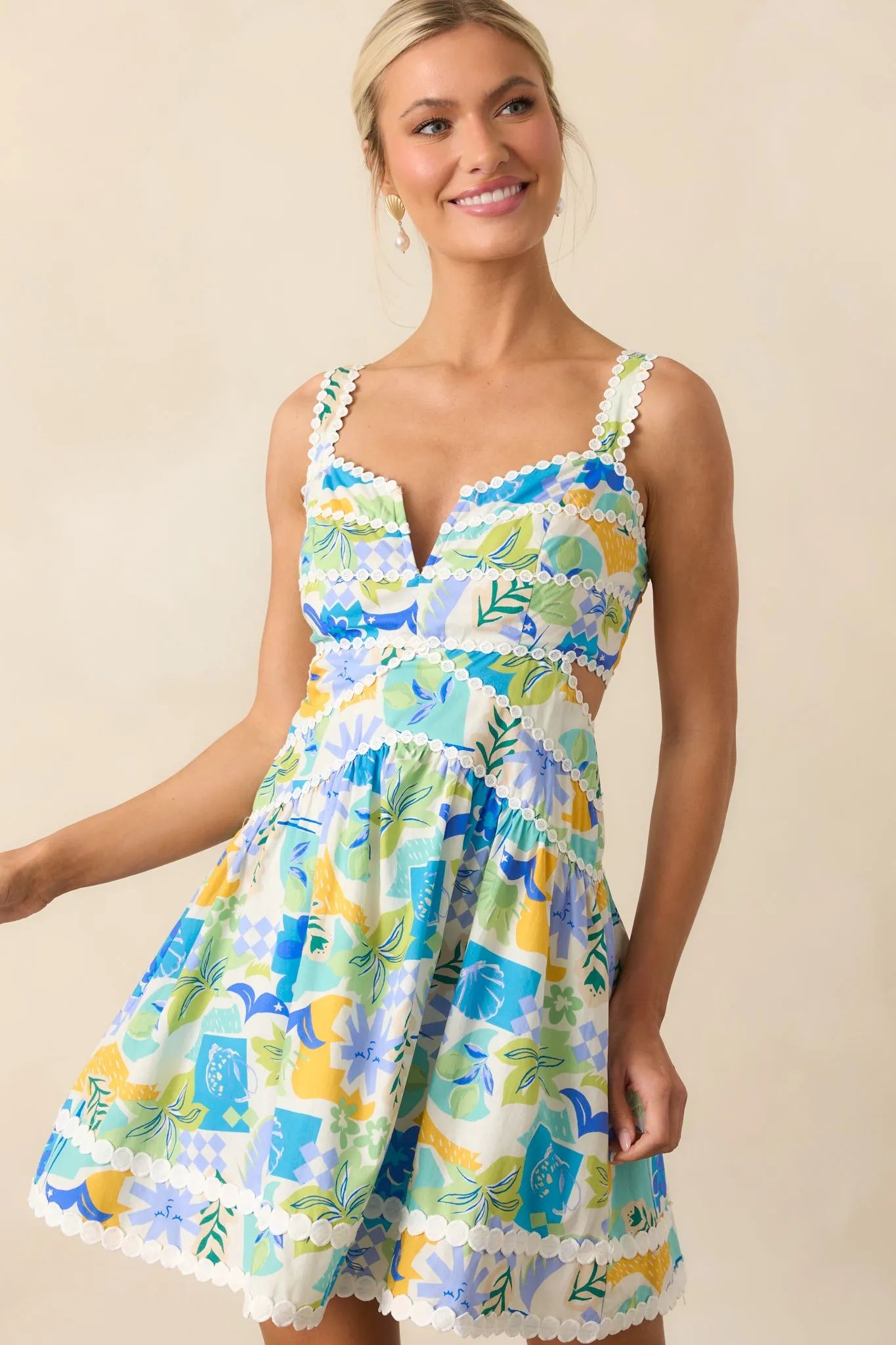 Sunshine Lives Here Blue Tropical Print Cotton Mini Dress