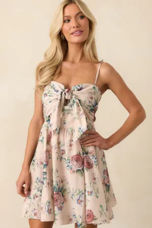Swept Me Off My Feet Beige Multi Floral Tie Front Mini Dress