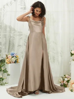 Taupe Satin Sweetheart Adjustable Straps Formal Gown With Pocket