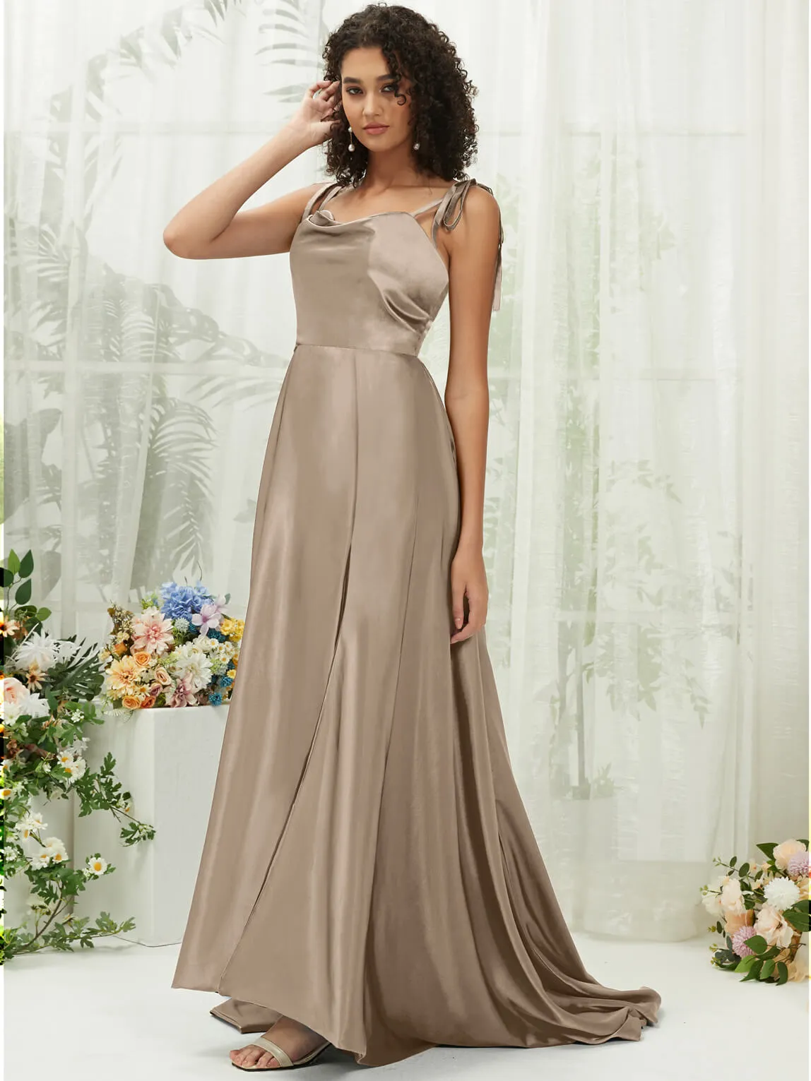 Taupe Satin Sweetheart Adjustable Straps Formal Gown With Pocket