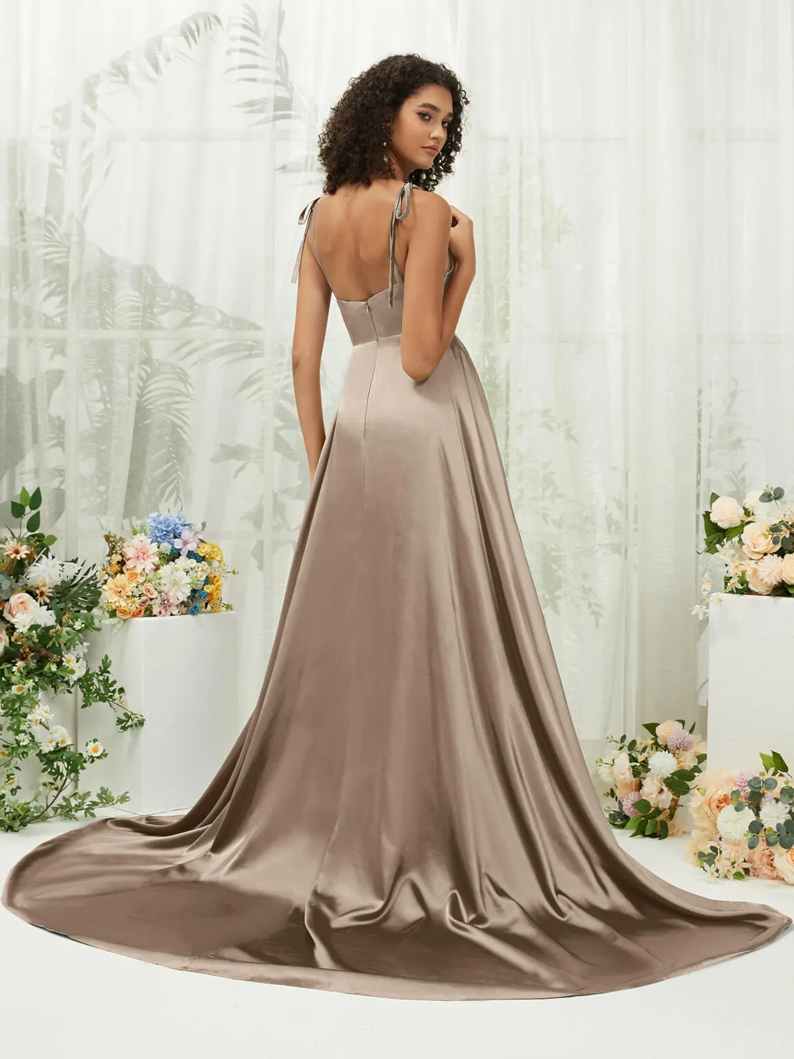 Taupe Satin Sweetheart Adjustable Straps Formal Gown With Pocket