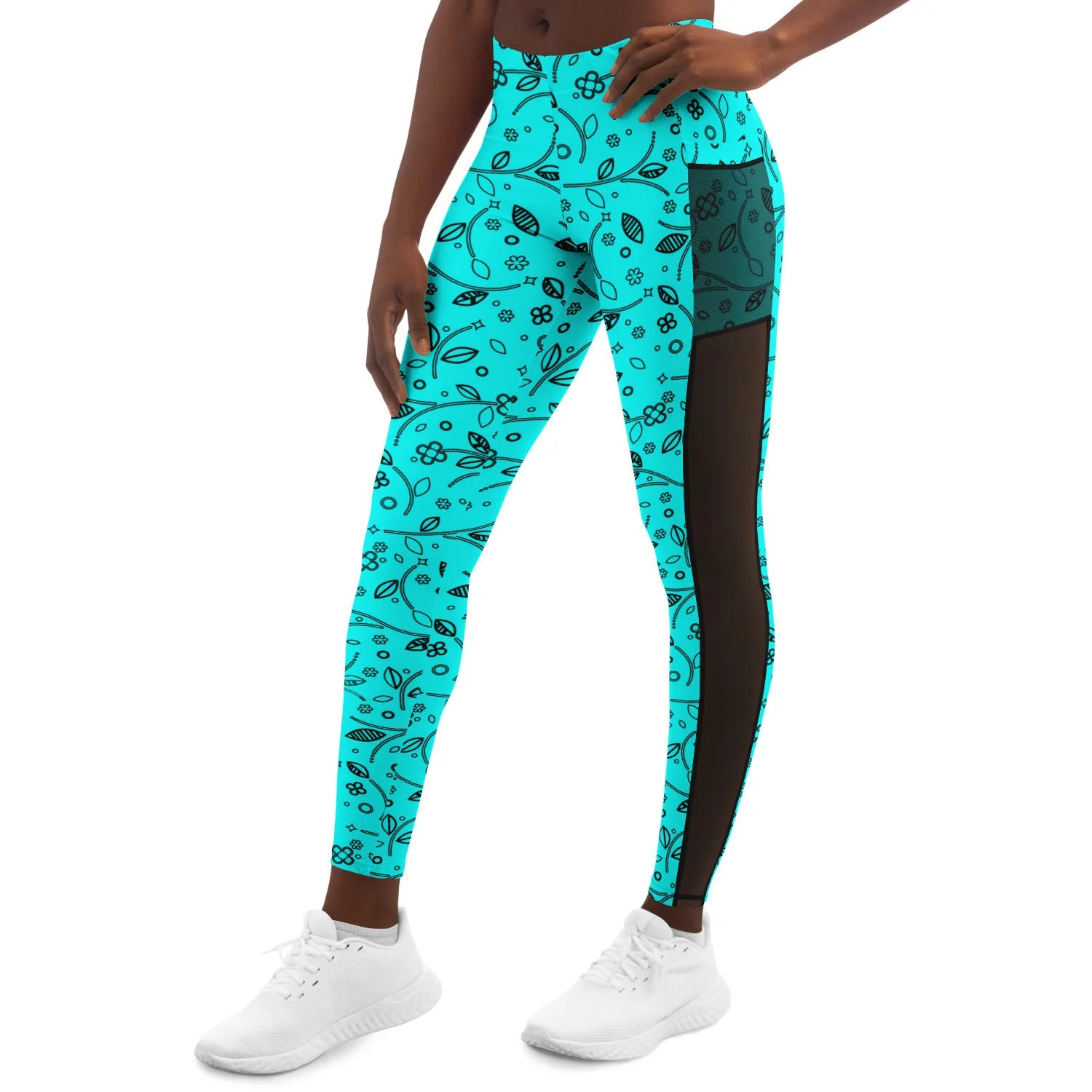 Teal Floral Leggings with Pockets