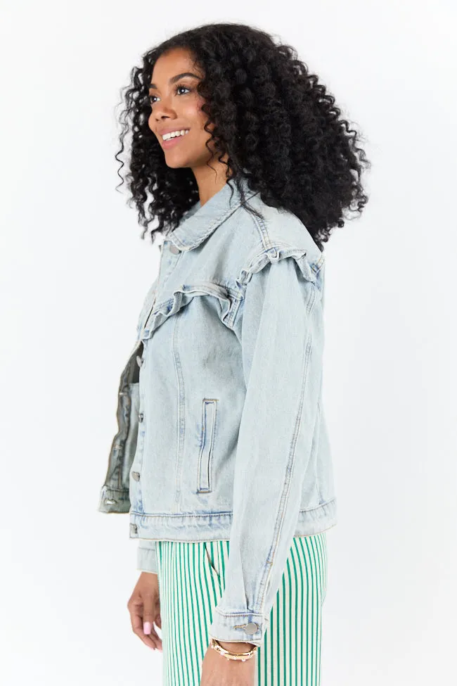 Told You So Light Wash Ruffle Trim Denim Jacket