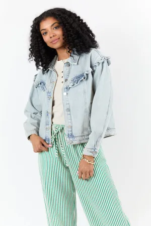 Told You So Light Wash Ruffle Trim Denim Jacket
