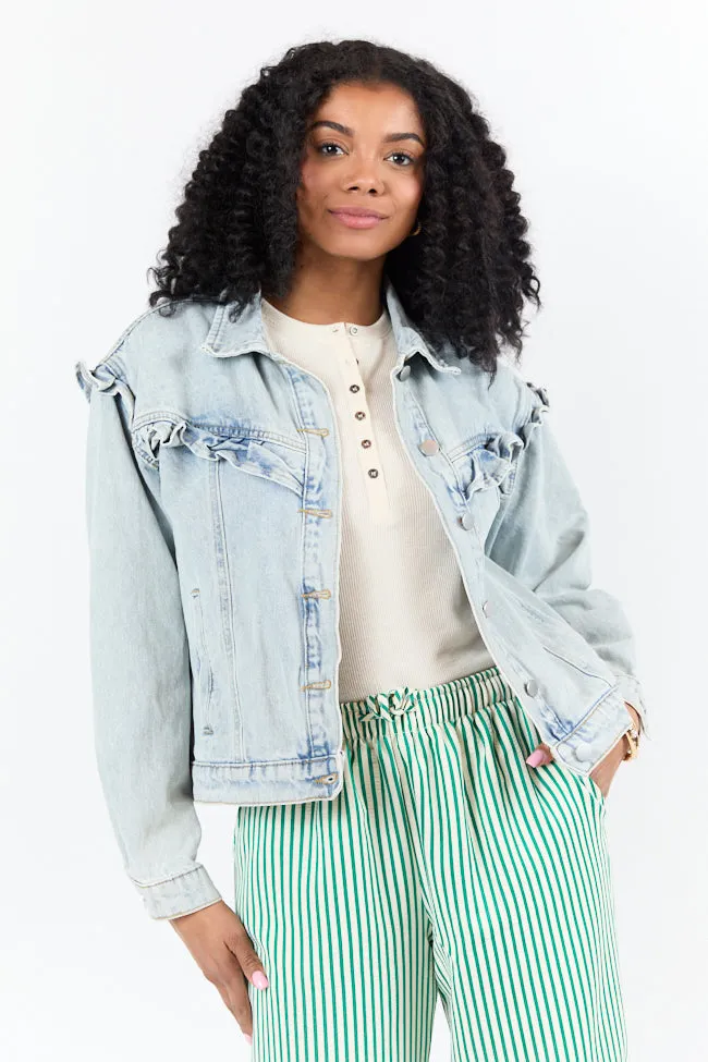 Told You So Light Wash Ruffle Trim Denim Jacket