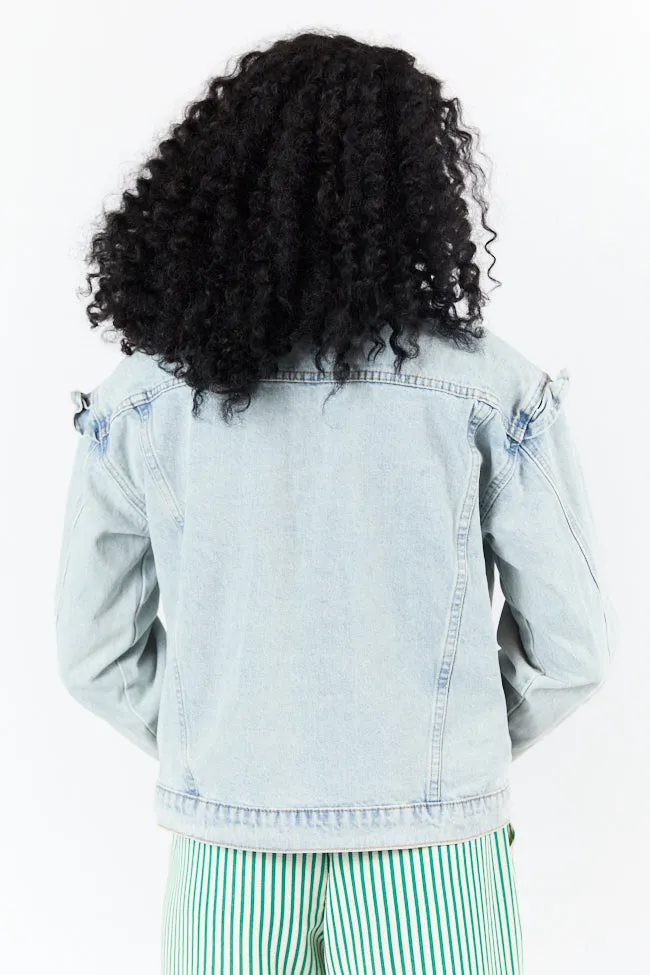 Told You So Light Wash Ruffle Trim Denim Jacket