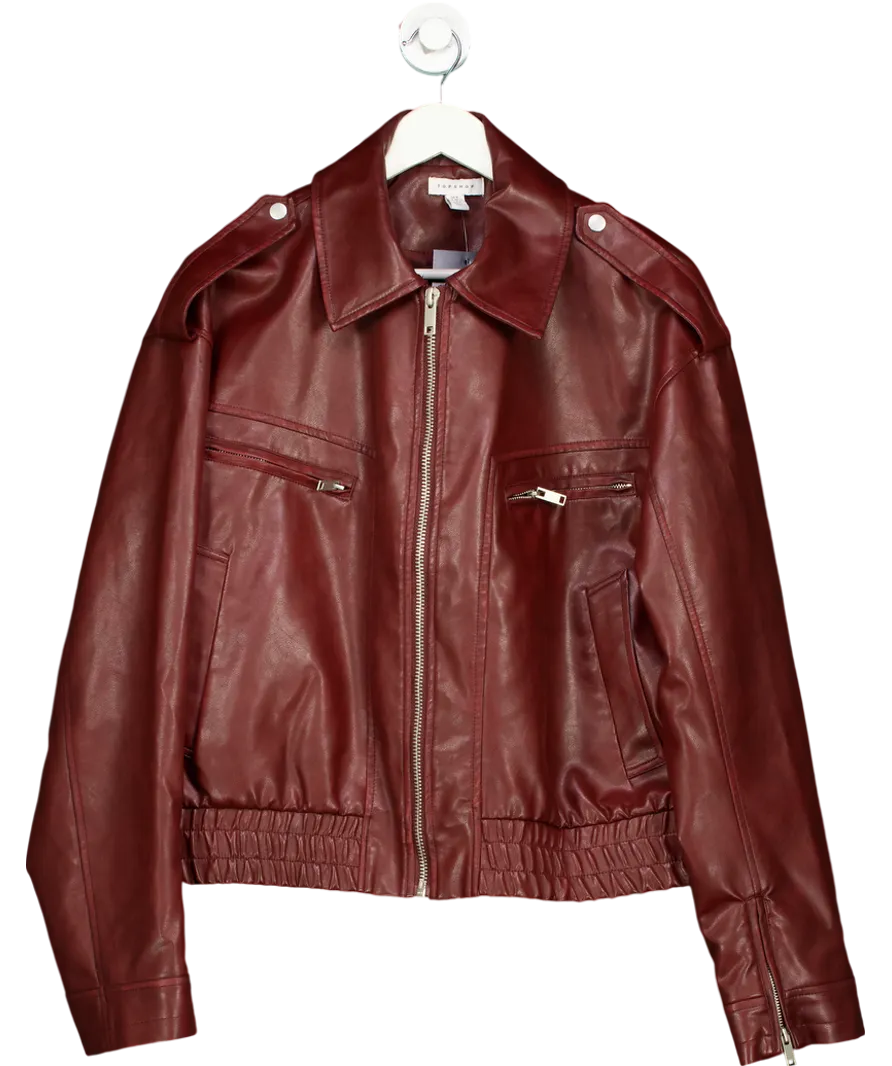 Topshop Red Faux Leather Cropped Collar Bomber Jacket UK M