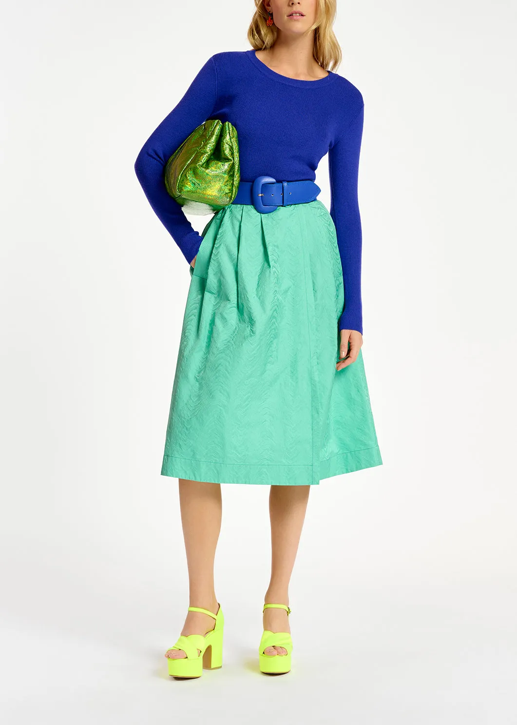 Turquoise jacquard midi-length wrap skirt