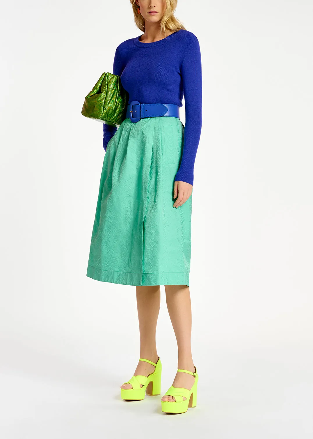 Turquoise jacquard midi-length wrap skirt