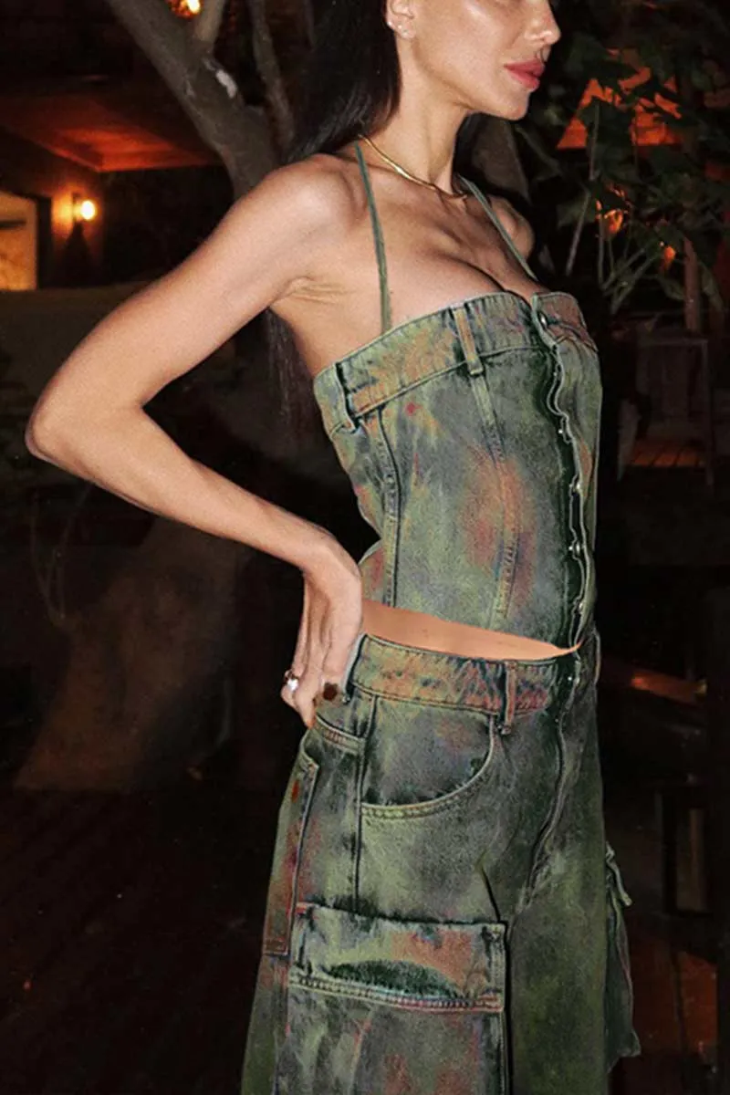 UH697 Denim Halter Top and Pants Set