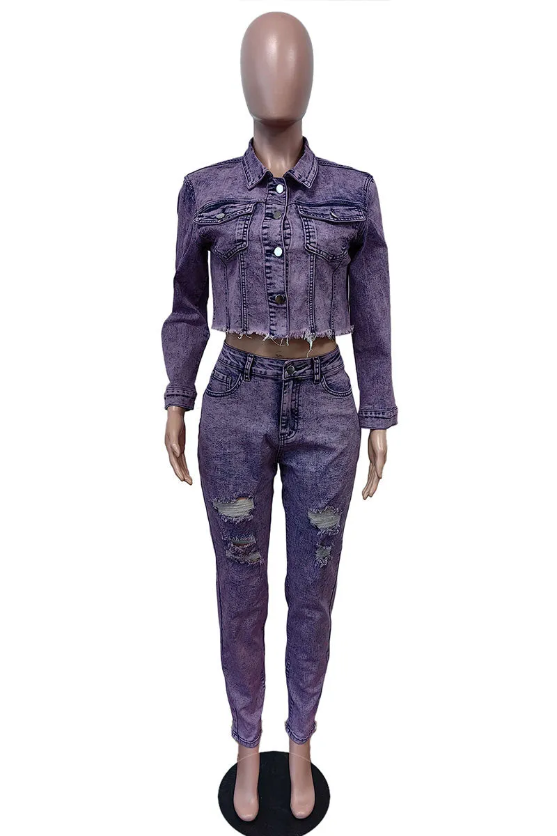 UI763 Denim Crop Top and Pants Set