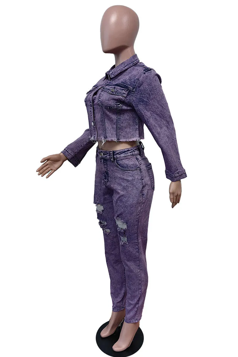 UI763 Denim Crop Top and Pants Set