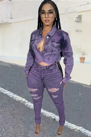 UI763 Denim Crop Top and Pants Set