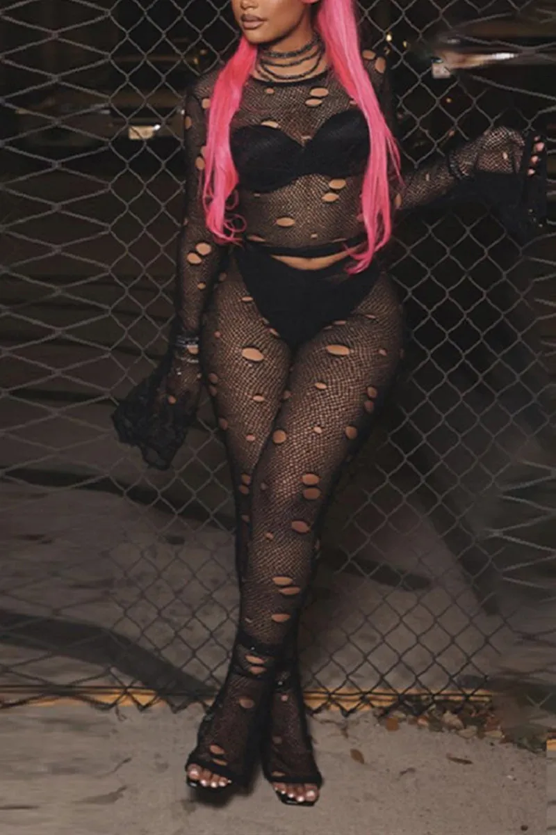 UJ0262 Crochet Holes Leggings Set