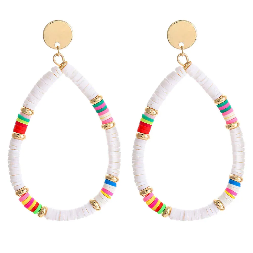 US 1-2Pairs Women Heishi Drop Earring Rainbow Vinyl Disc Bead Dangle Lightweight