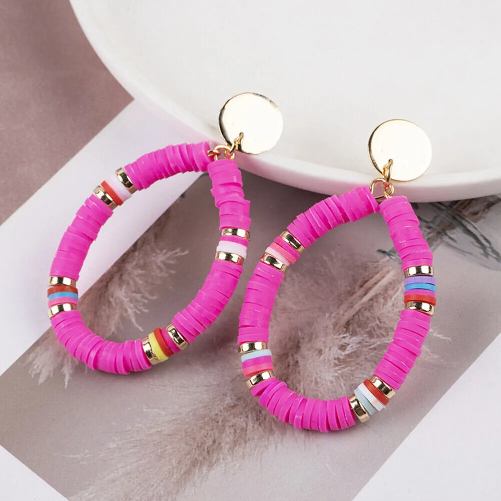US 1-2Pairs Women Heishi Drop Earring Rainbow Vinyl Disc Bead Dangle Lightweight