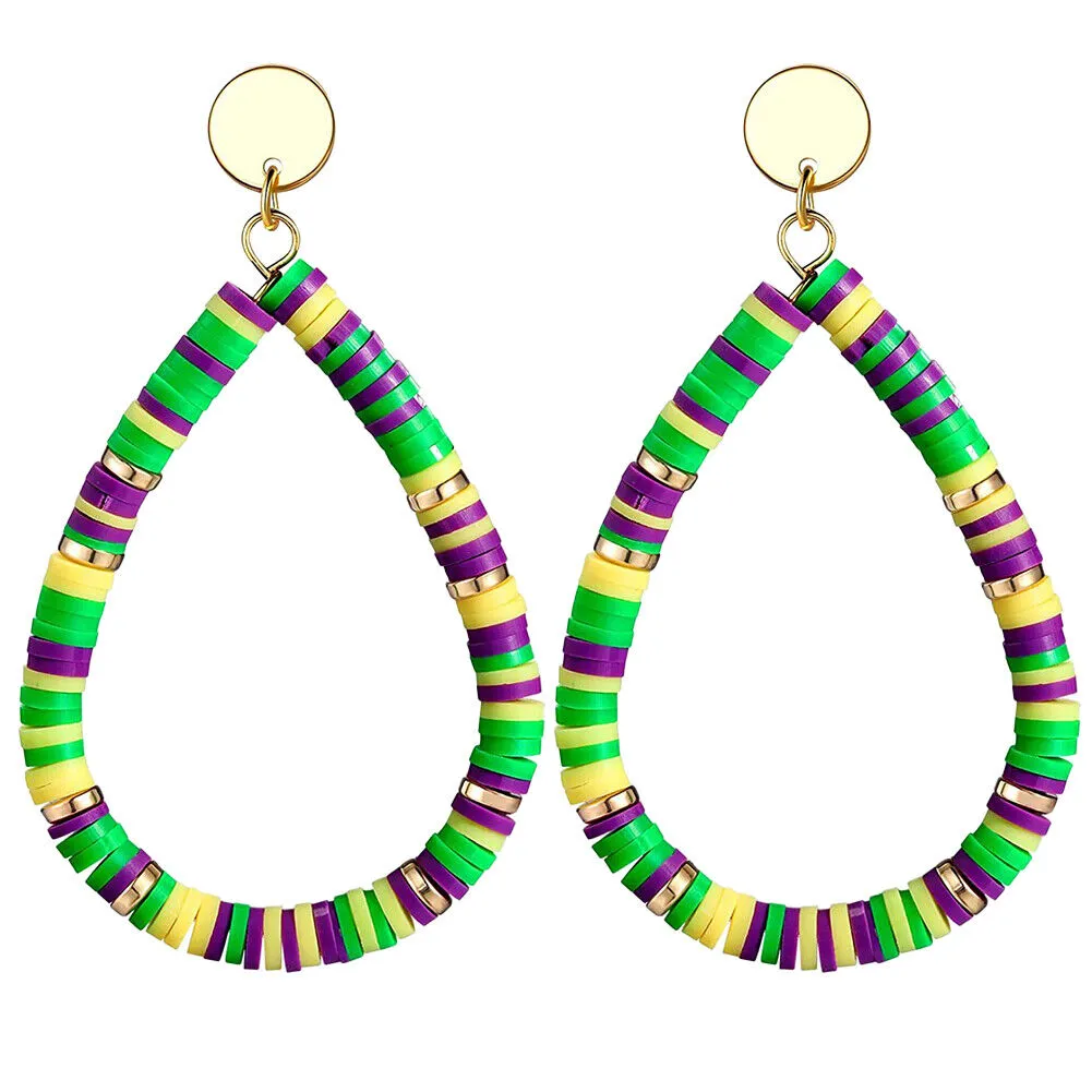 US 1-2Pairs Women Heishi Drop Earring Rainbow Vinyl Disc Bead Dangle Lightweight