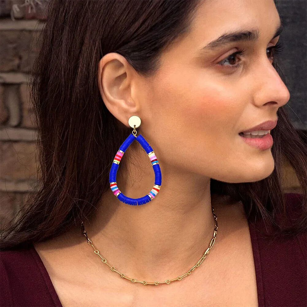 US 1-2Pairs Women Heishi Drop Earring Rainbow Vinyl Disc Bead Dangle Lightweight