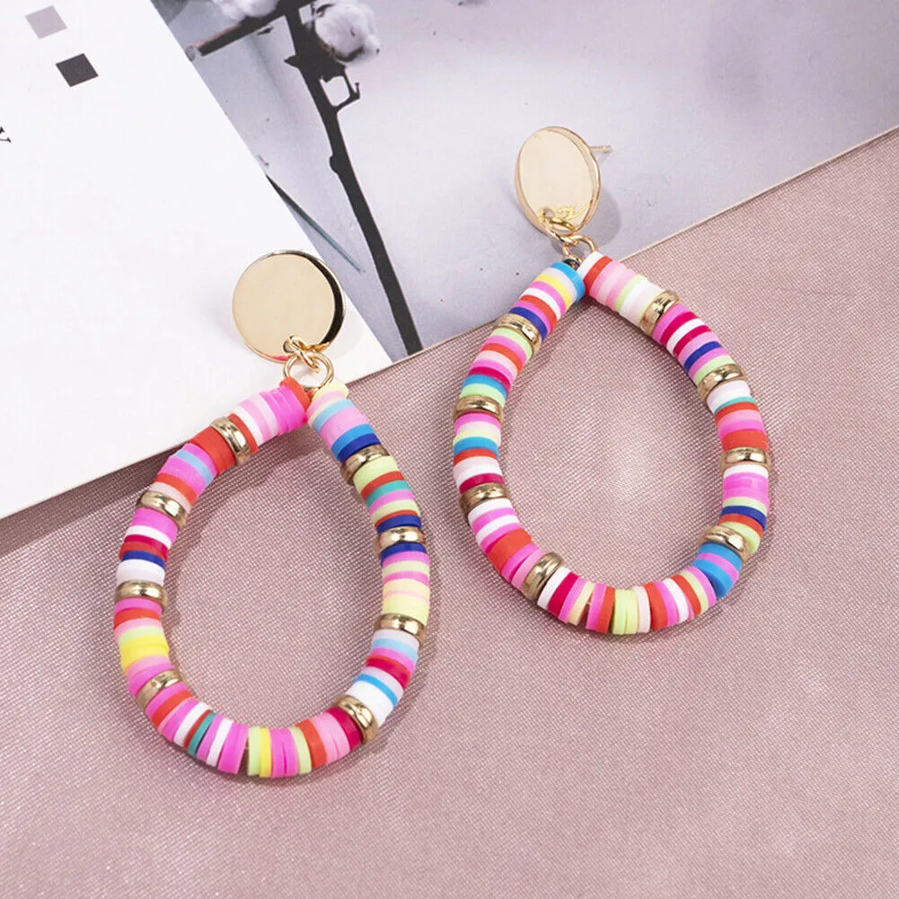 US 1-2Pairs Women Heishi Drop Earring Rainbow Vinyl Disc Bead Dangle Lightweight