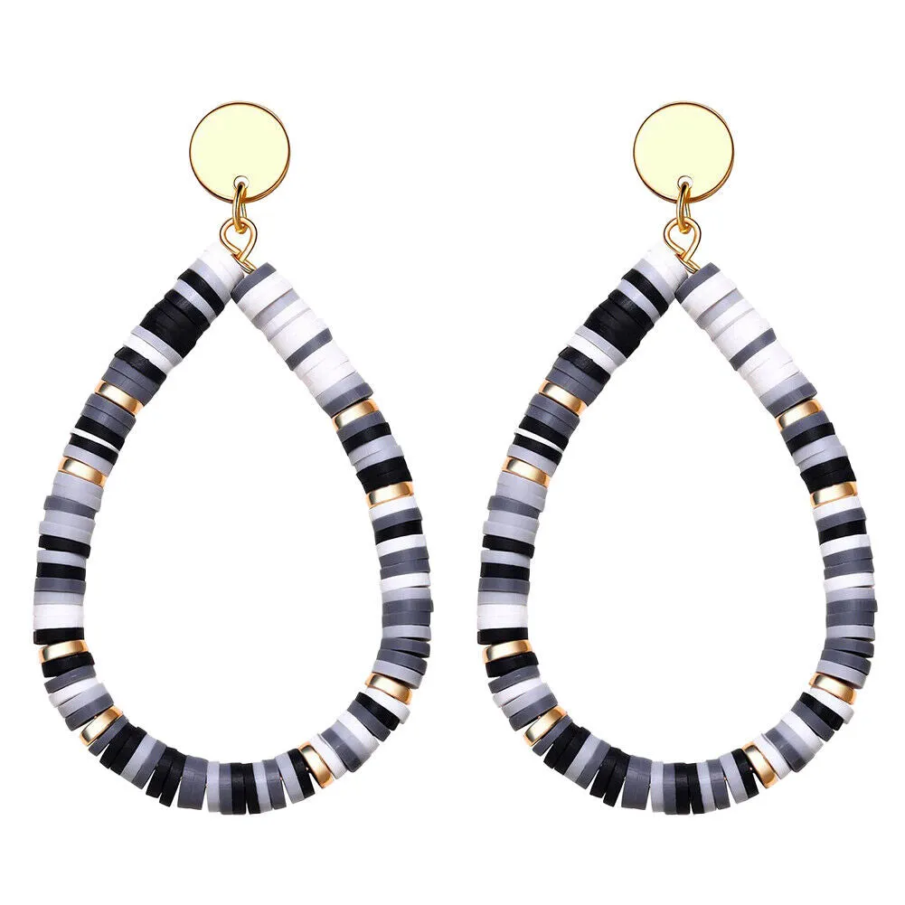 US 1-2Pairs Women Heishi Drop Earring Rainbow Vinyl Disc Bead Dangle Lightweight