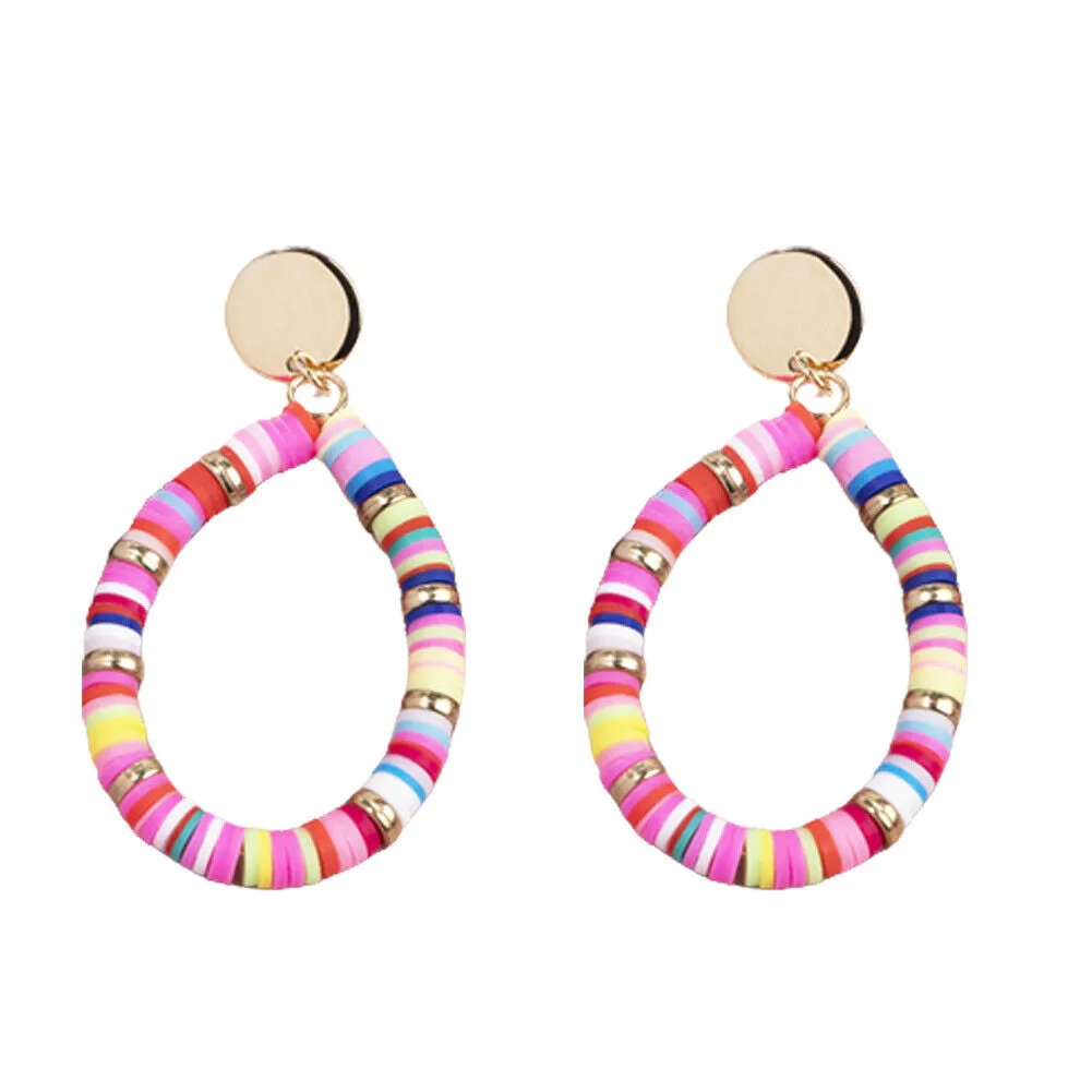 US 1-2Pairs Women Heishi Drop Earring Rainbow Vinyl Disc Bead Dangle Lightweight