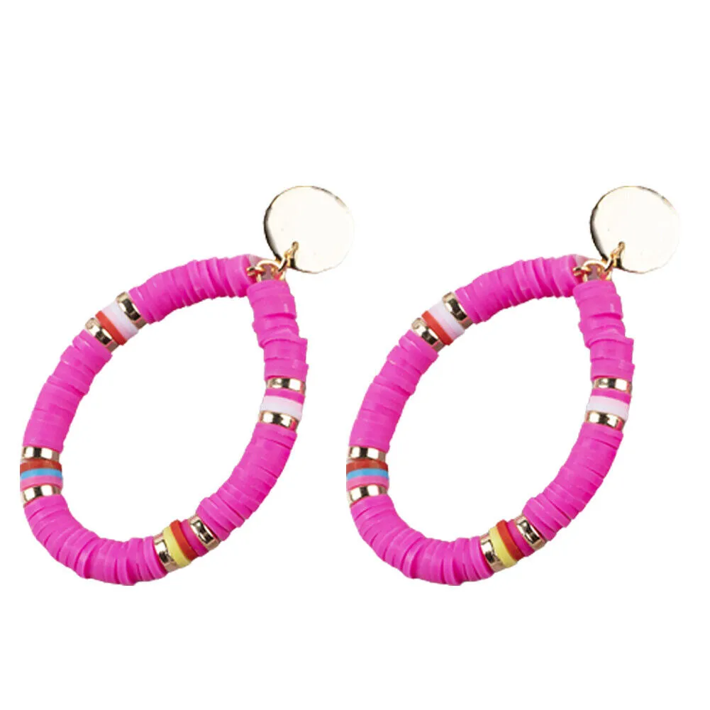 US 1-2Pairs Women Heishi Drop Earring Rainbow Vinyl Disc Bead Dangle Lightweight