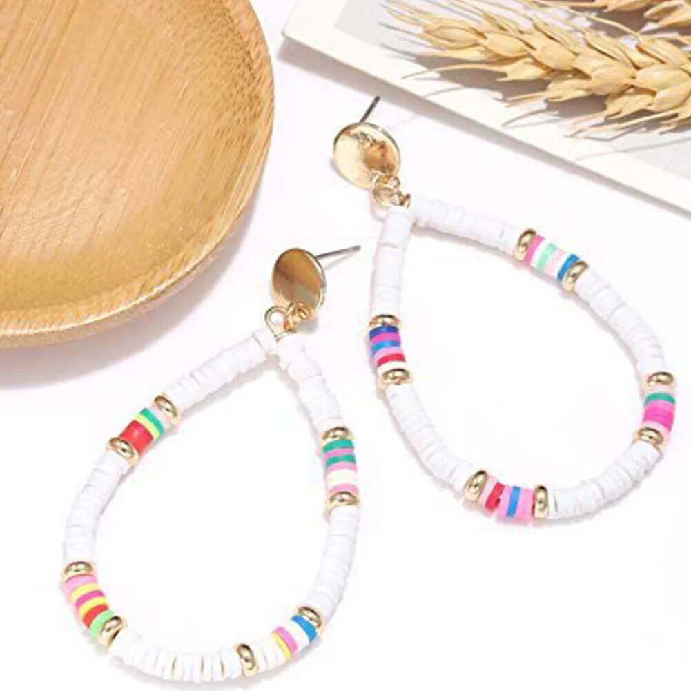 US 1-2Pairs Women Heishi Drop Earring Rainbow Vinyl Disc Bead Dangle Lightweight